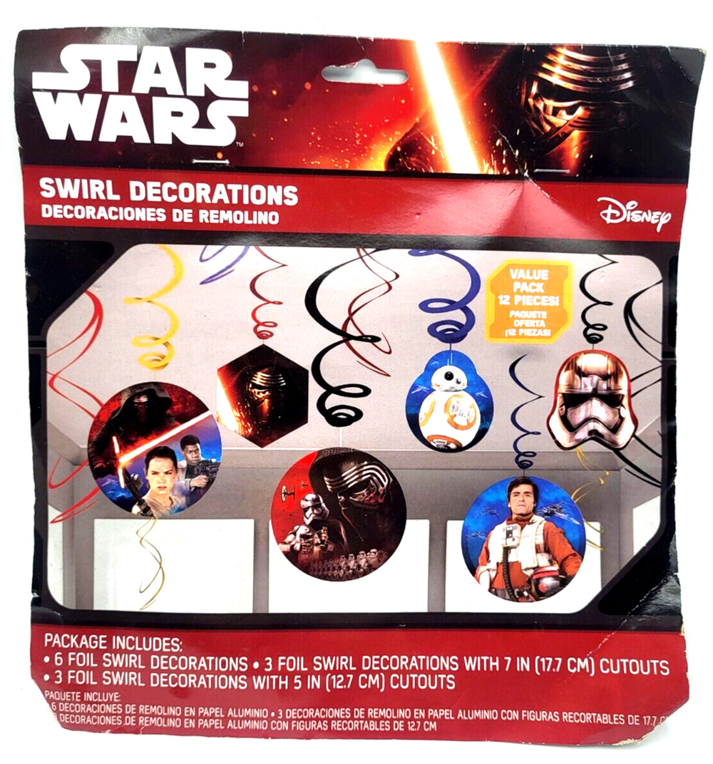 STAR WARS Swirl Decorations The Force Awakens Rey BB8 Poe Finn 12 Pieces SEALED